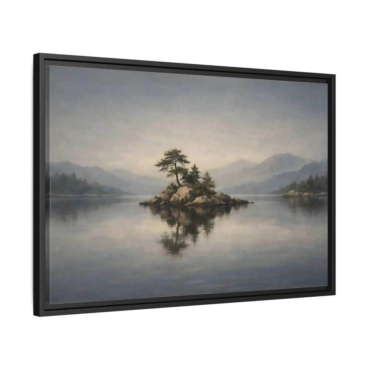 Side Mockup 14. Nature Island Misty Lake Island shown as stretched canvas wall art
