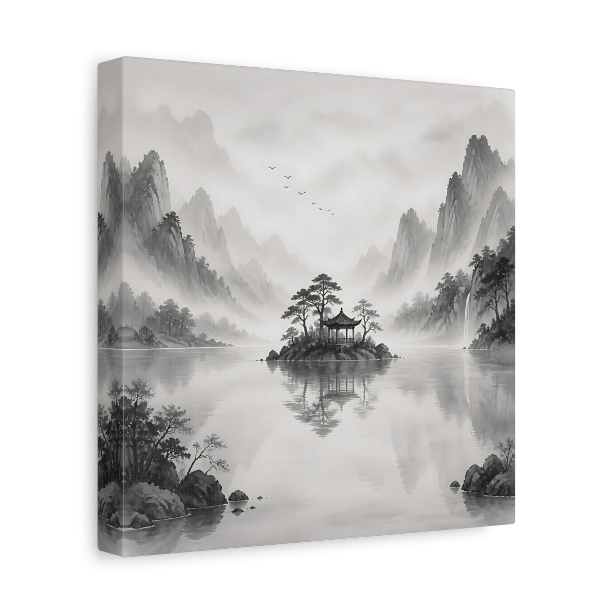 Side Mockup 9. Nature Island Pavilion Gray And White shown as stretched canvas wall art