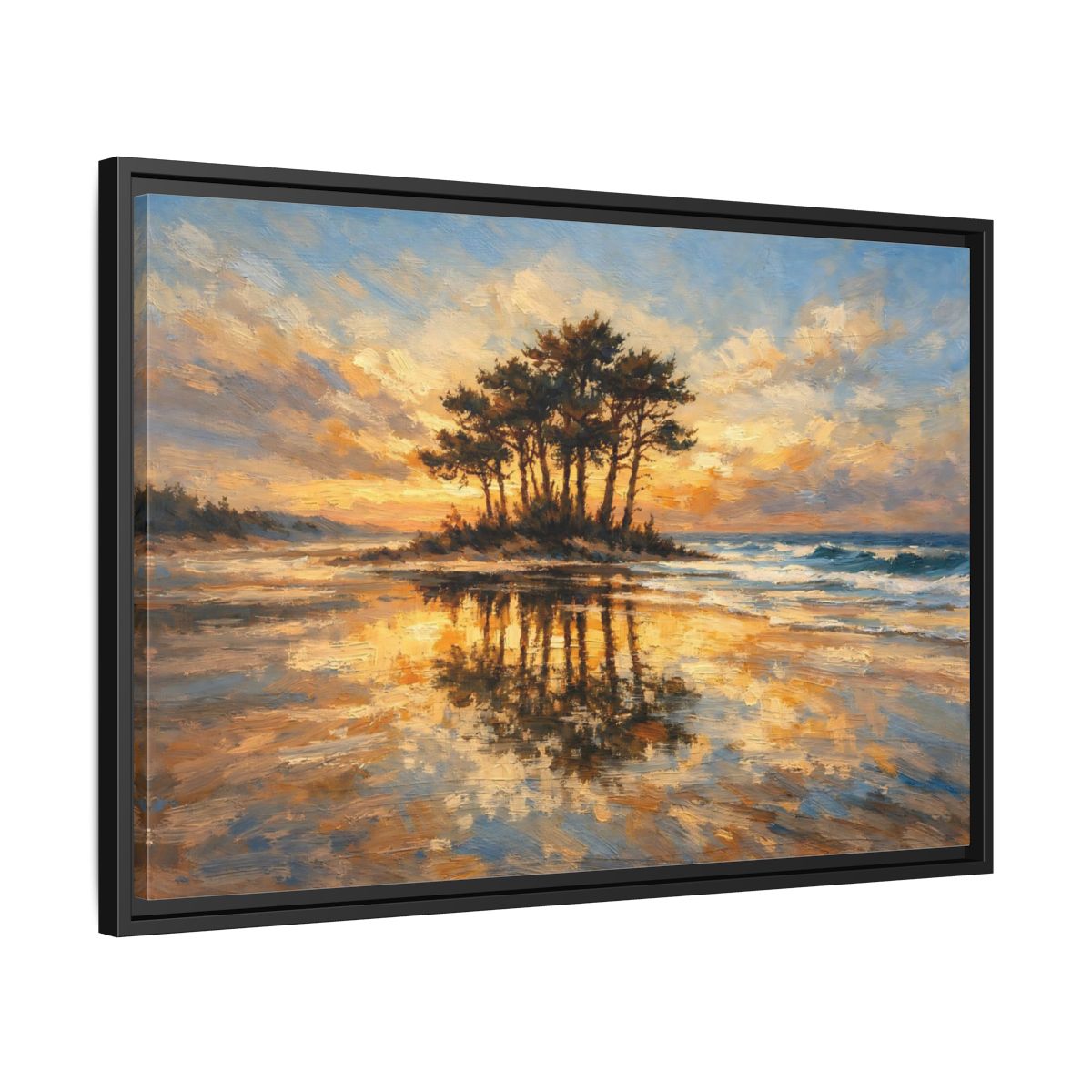 Side Mockup 14. Nature Island Trees Golden Sunset Landscape shown as stretched canvas wall art
