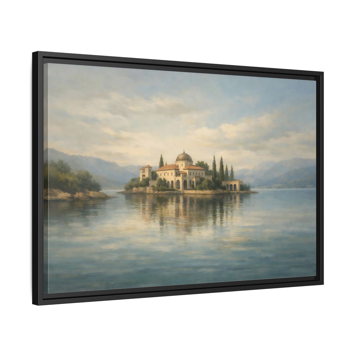 Side Mockup 14. Nature Island Villa Blue Green Island shown as stretched canvas wall art