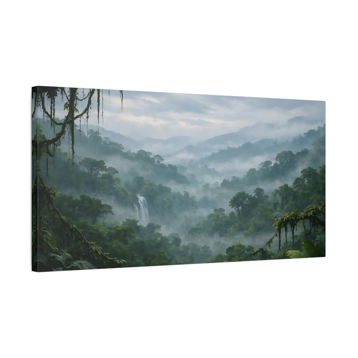 Nature Jungle Waterfall Green Misty - Canvas Wall Art Print - YesArtYes