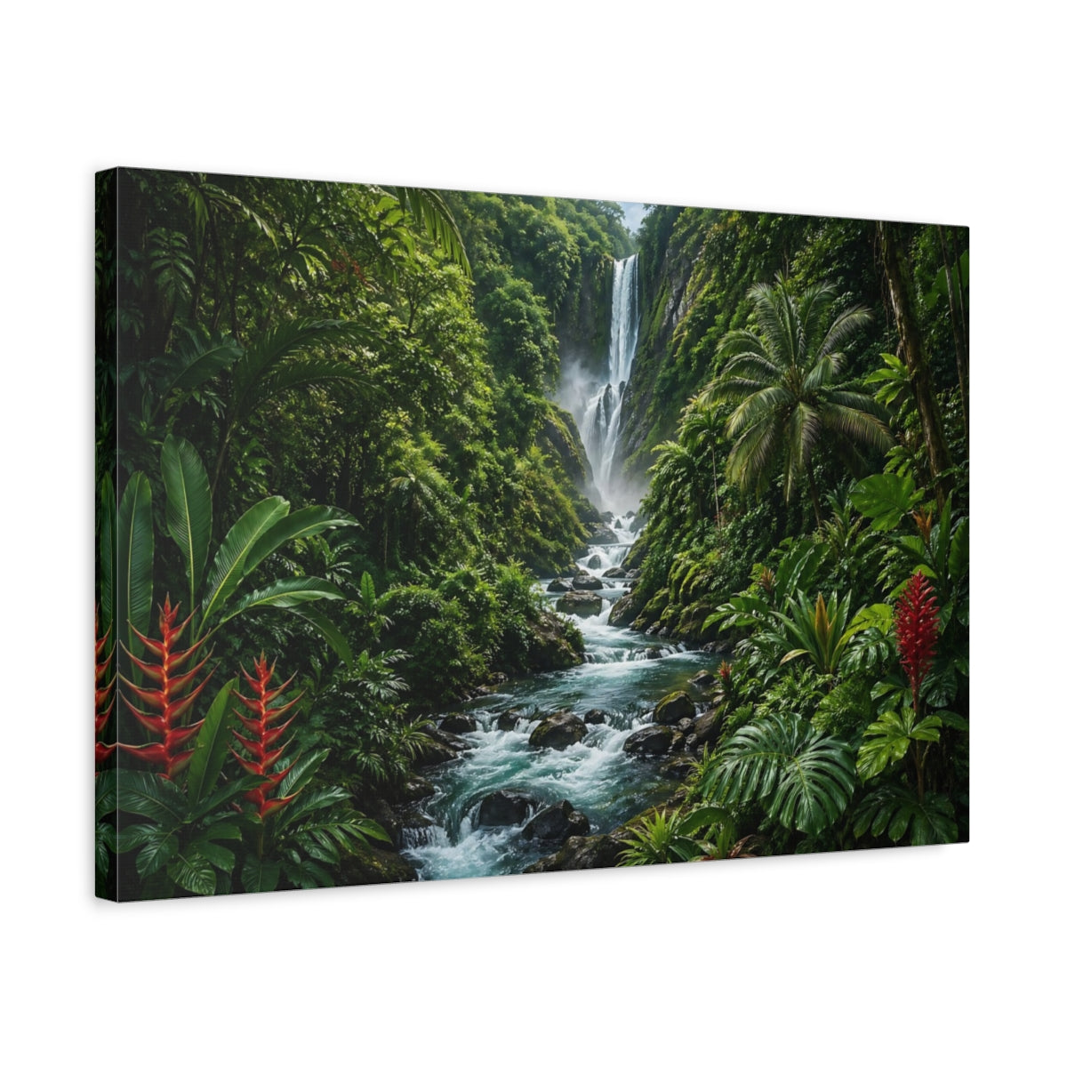 Side Mockup 3. Nature Jungle Waterfall Tropical Green shown as stretched canvas wall art
