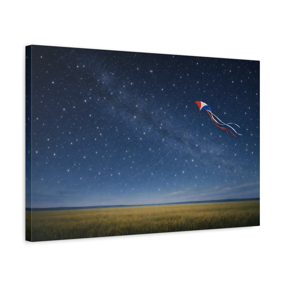 Side Mockup 3. Nature Kite Blue Night Kite shown as stretched canvas wall art