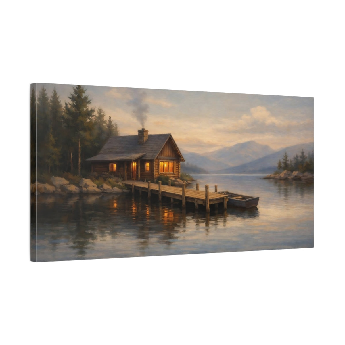 Side Mockup 2. Nature Lake Cabin Lake Cabin Sunset shown as stretched canvas wall art