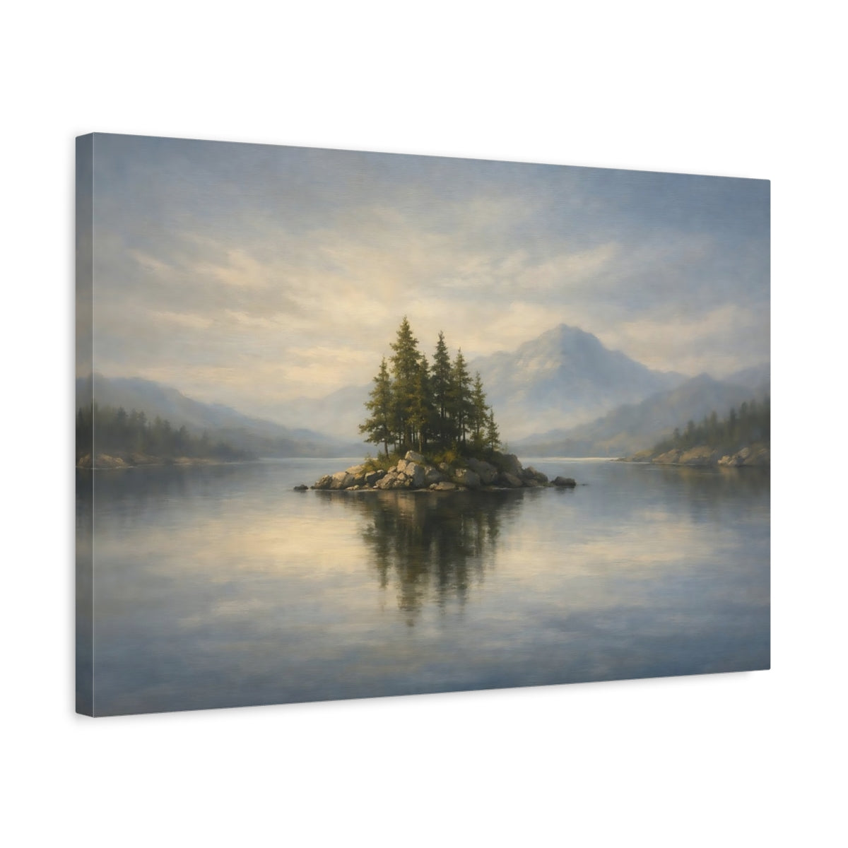 Side Mockup 3. Nature Lake Island Blue And Green Landscape shown as stretched canvas wall art