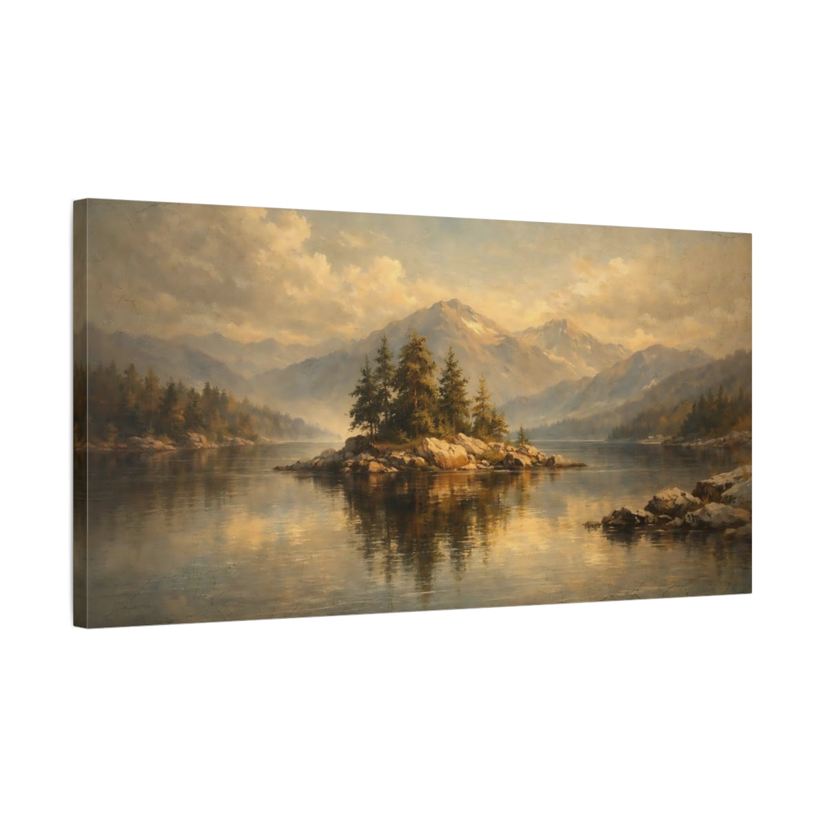 Side Mockup 2. Nature Lake Island Brown Gold Landscape shown as stretched canvas wall art
