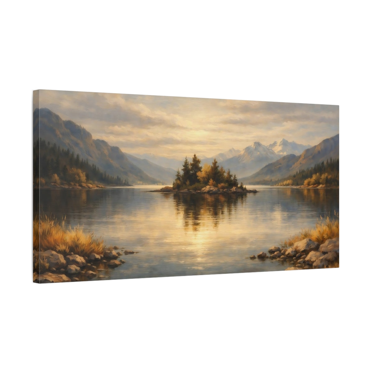 Side Mockup 2. Nature Lake Island Golden Lake Landscape shown as stretched canvas wall art