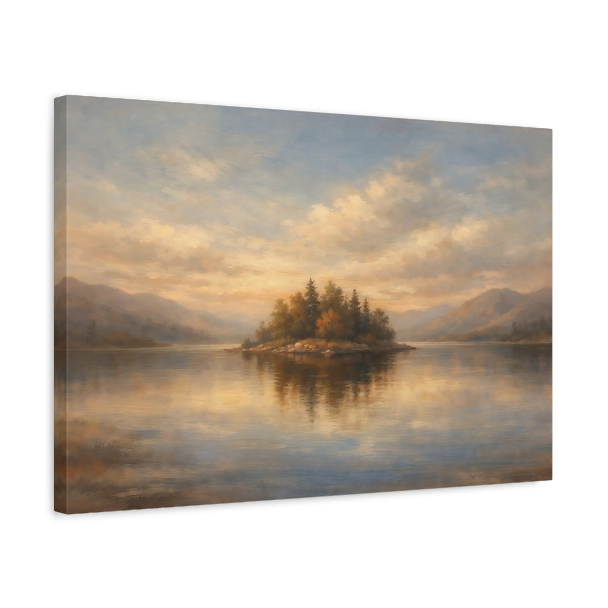 Side Mockup 3. Nature Lake Island Golden Lake Landscape shown as stretched canvas wall art