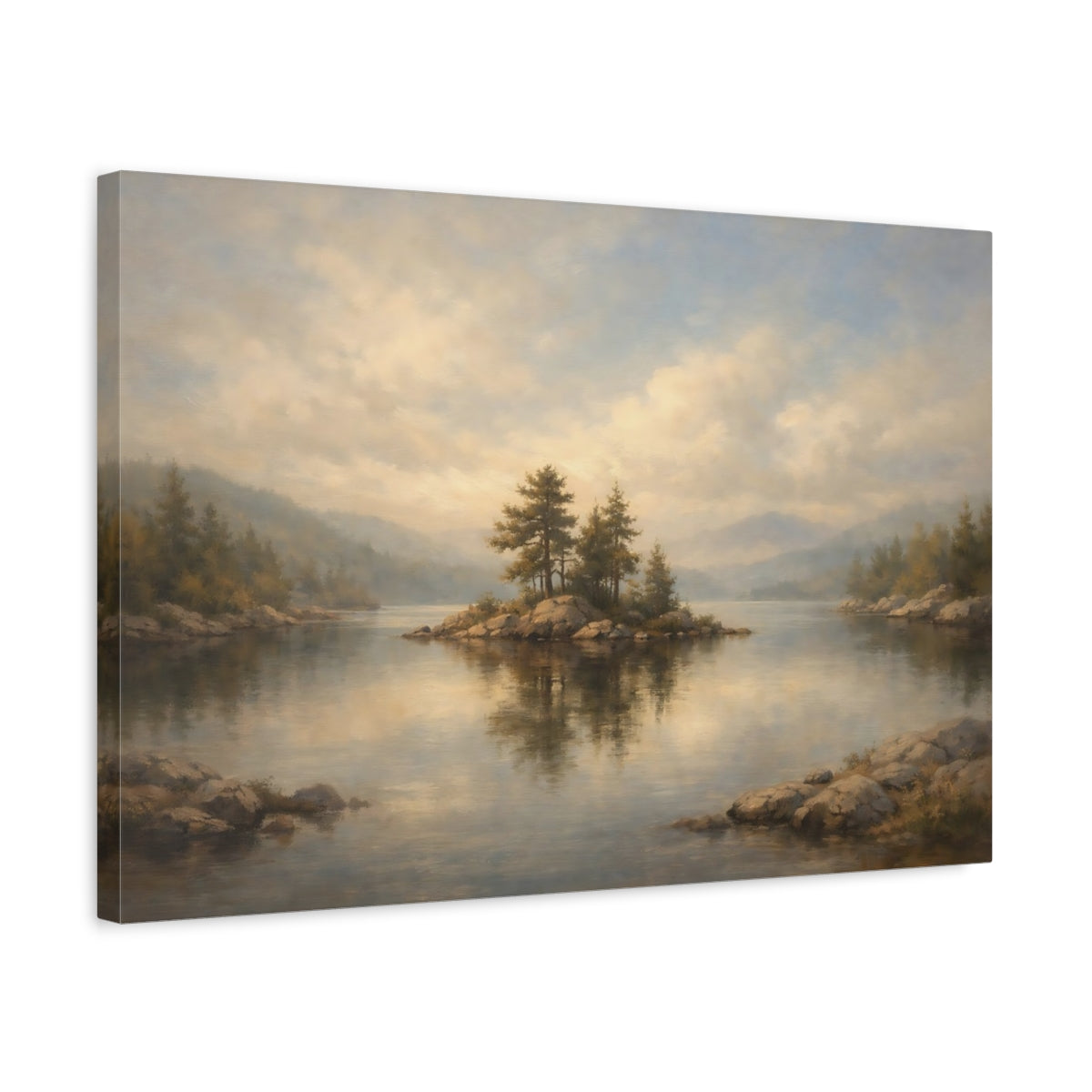 Side Mockup 3. Nature Lake Island Misty Lake View shown as stretched canvas wall art