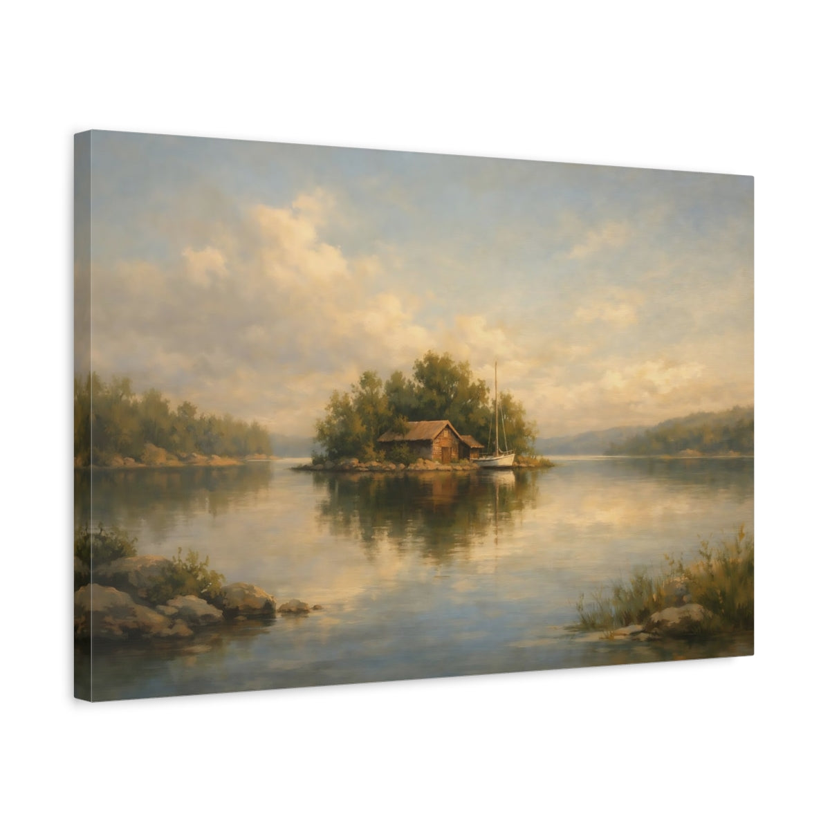 Side Mockup 3. Nature Lake Island Warm Tones Landscape shown as stretched canvas wall art
