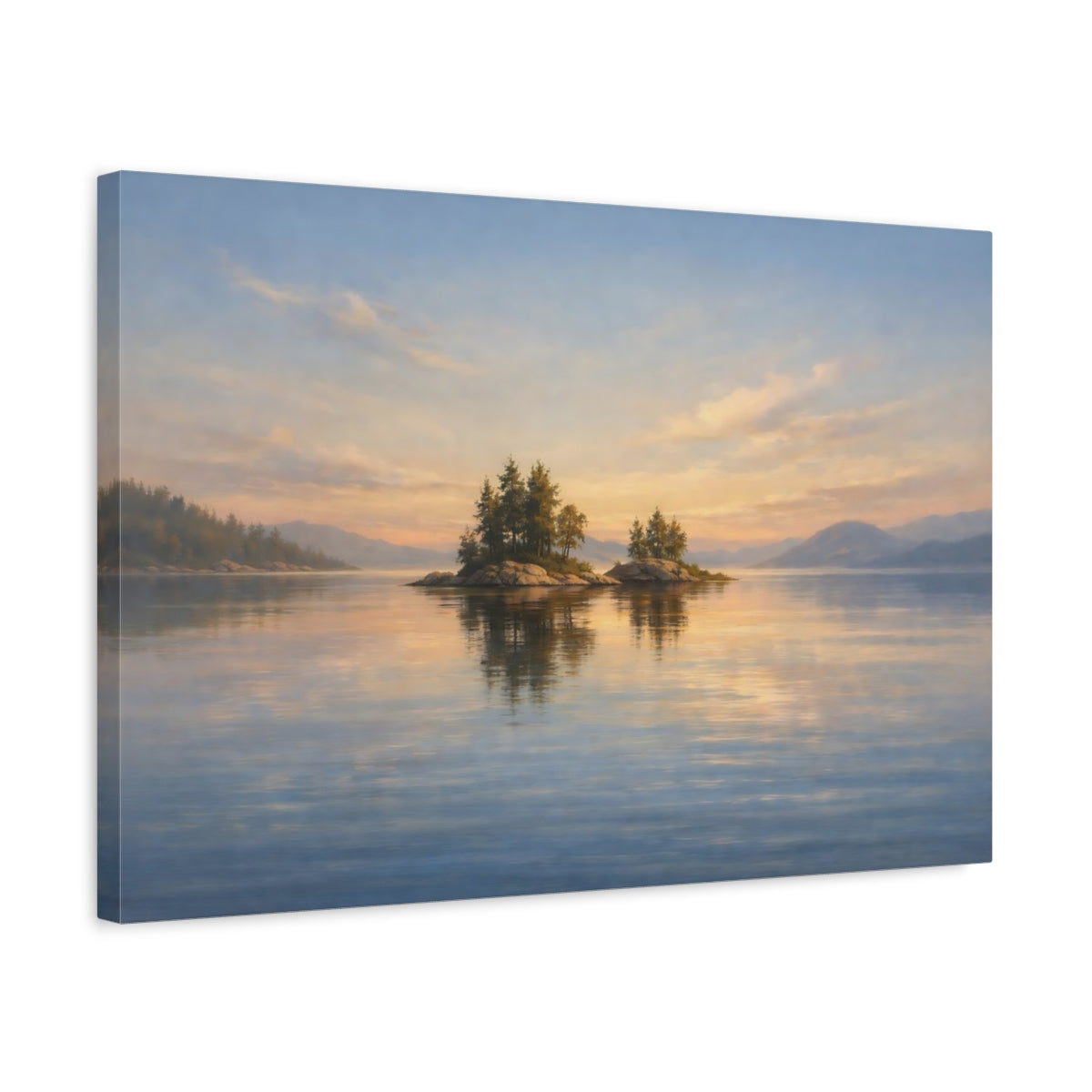 Side Mockup 3. Nature Lake Islands Sunset Lake Islands shown as stretched canvas wall art