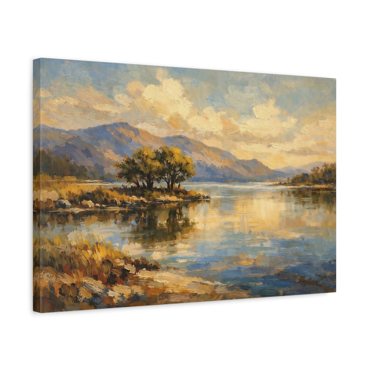 Side Mockup 3. Nature Lake Landscape Gold And Blue Landscape shown as stretched canvas wall art