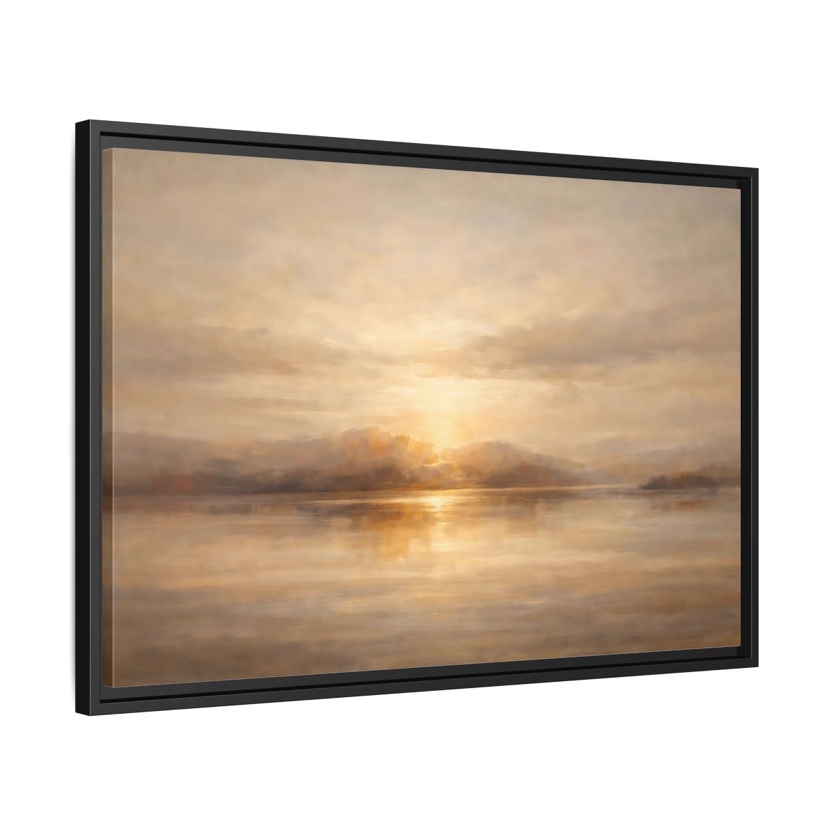 Side Mockup 14. Nature Lake Sunset Golden Sunset shown as stretched canvas wall art
