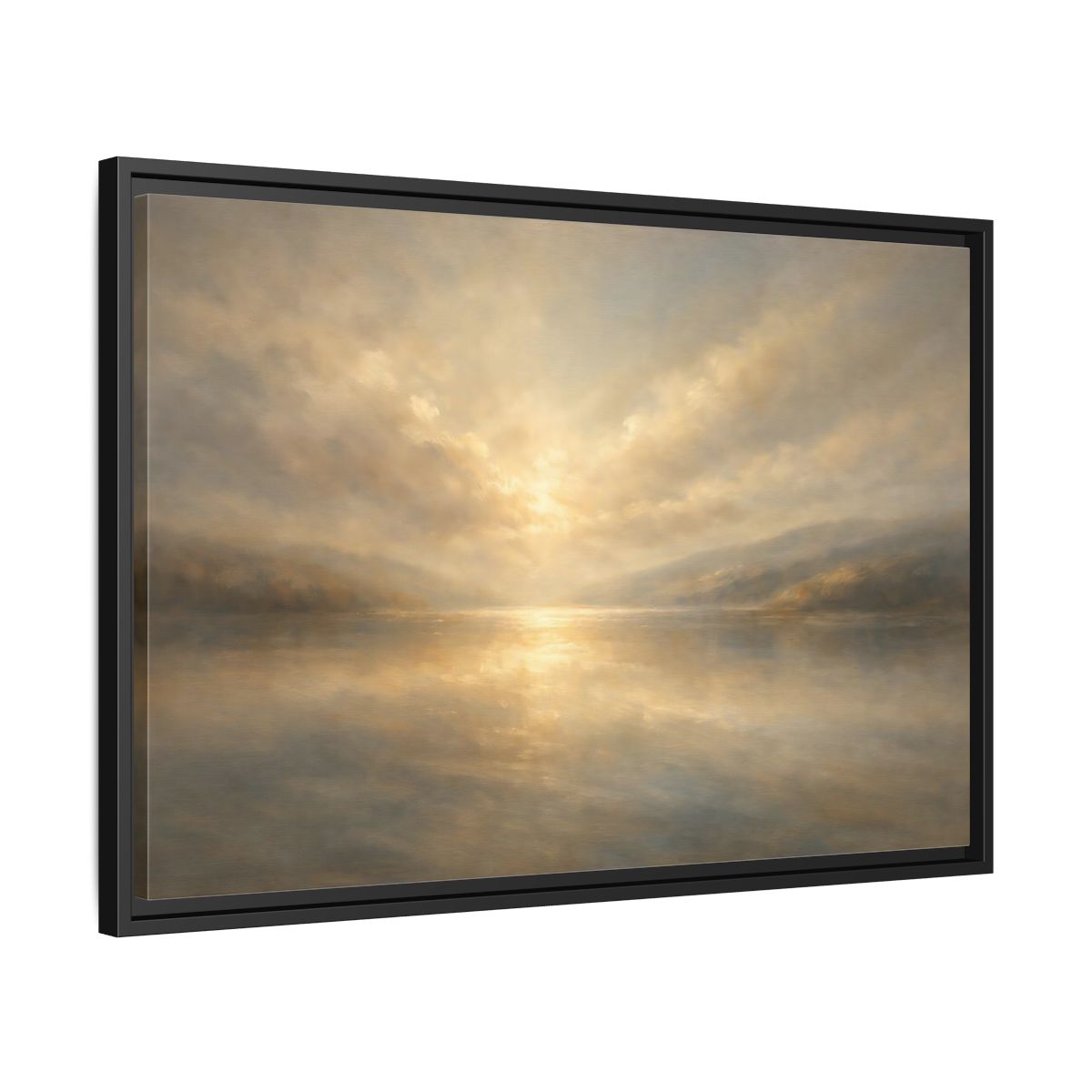 Side Mockup 14. Nature Lake Sunset Golden Hues shown as stretched canvas wall art