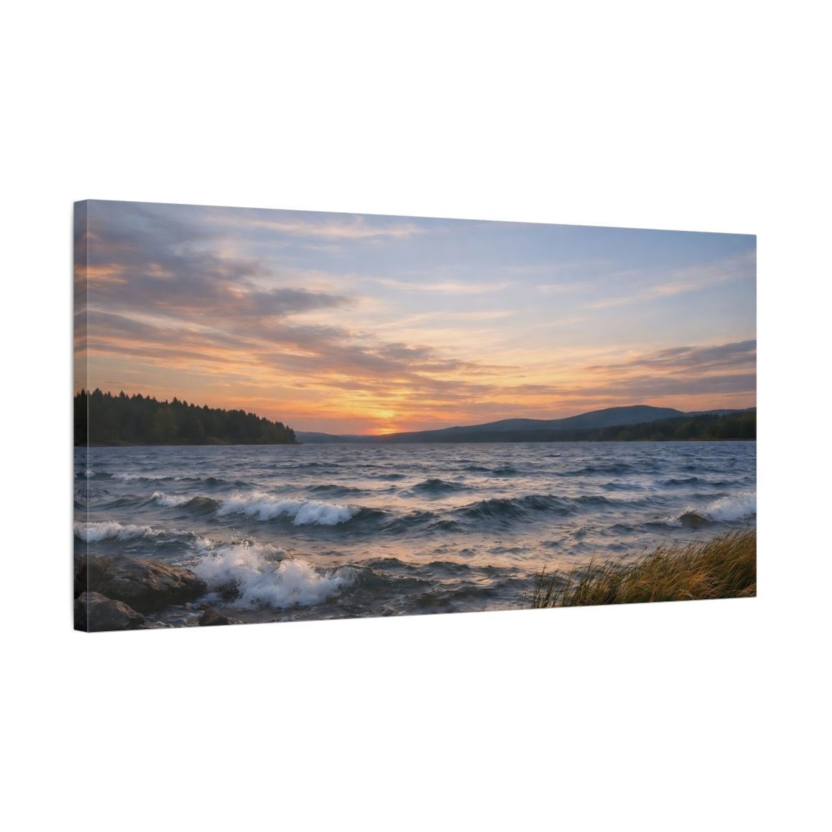 Nature Lake Sunset Orange Blue Landscape - Canvas Wall Art Print - YesArtYes