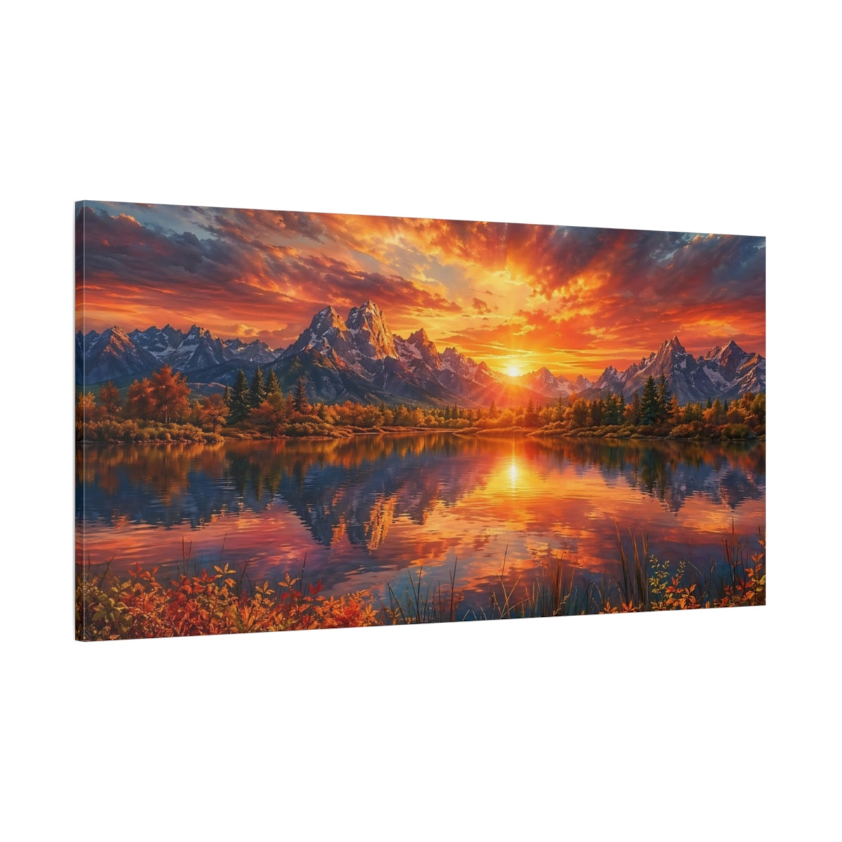 Side Mockup 2. Nature Lake Sunset Orange Sunset Lake shown as stretched canvas wall art