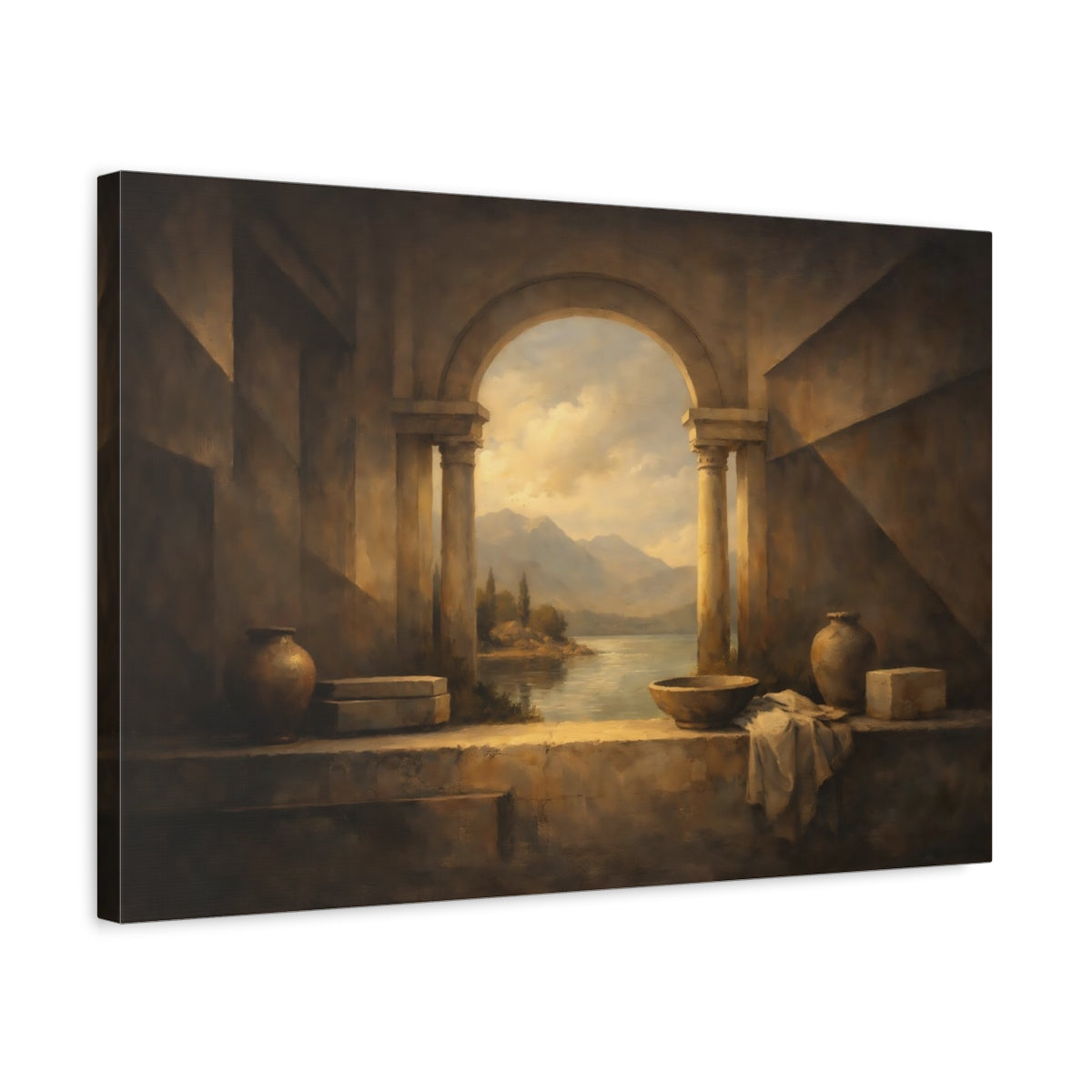 Side Mockup 3. Nature Lake View Brown And Gold shown as stretched canvas wall art
