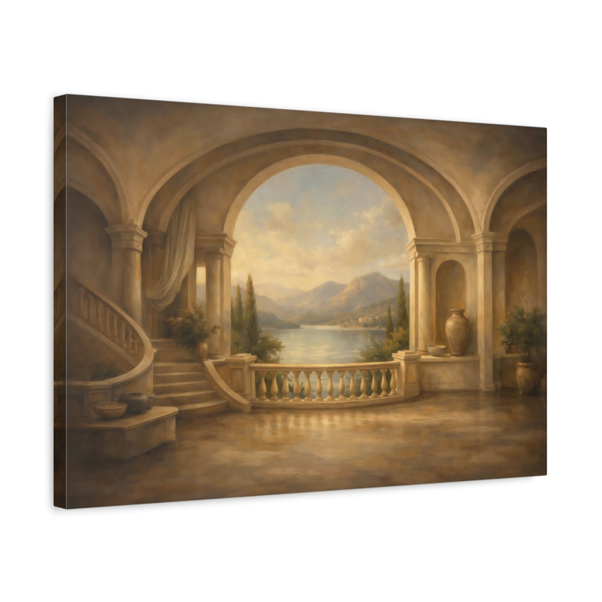 Side Mockup 3. Nature Lake View Tuscan Balcony View shown as stretched canvas wall art