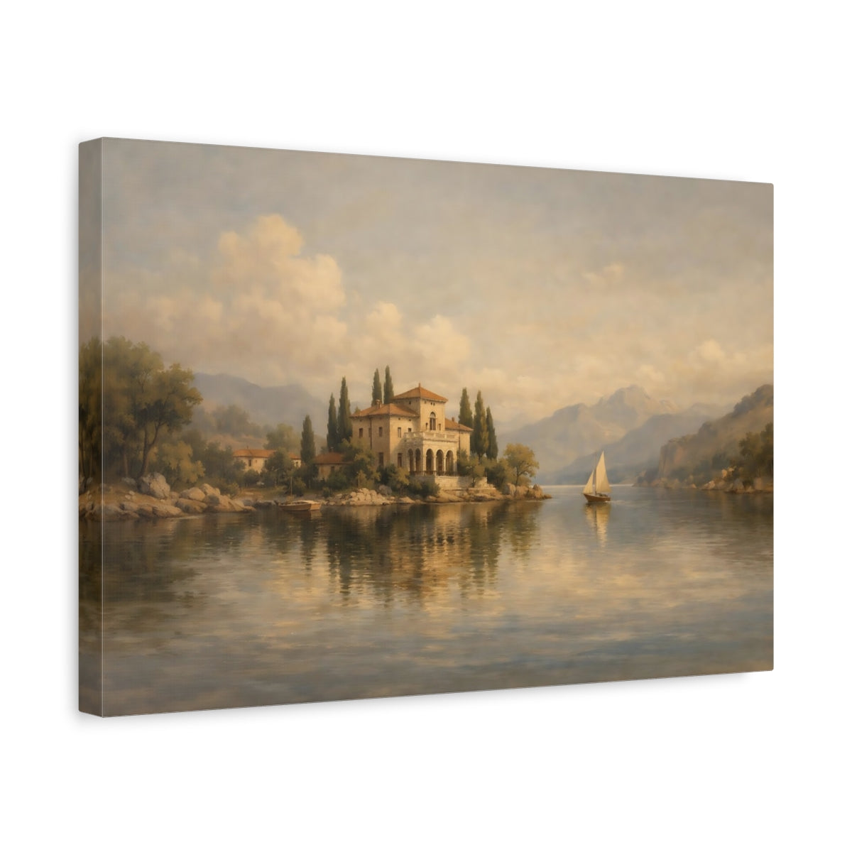 Side Mockup 4. Nature Lake Villa Mediterranean Landscape shown as stretched canvas wall art
