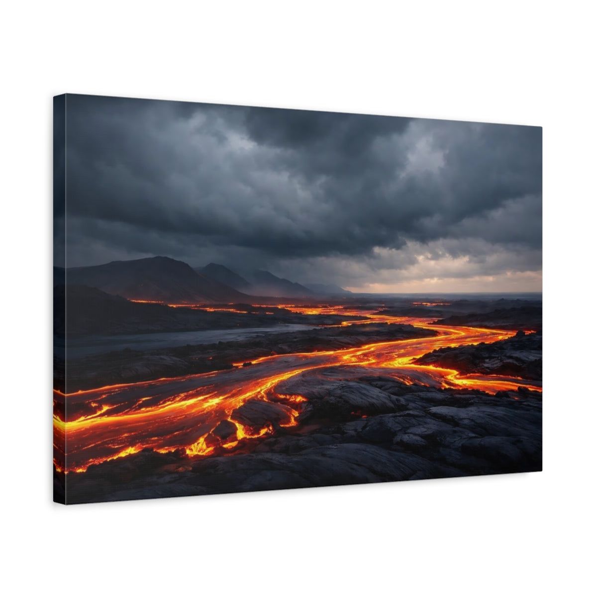 Side Mockup 3. Nature Lava River Orange And Gray shown as stretched canvas wall art