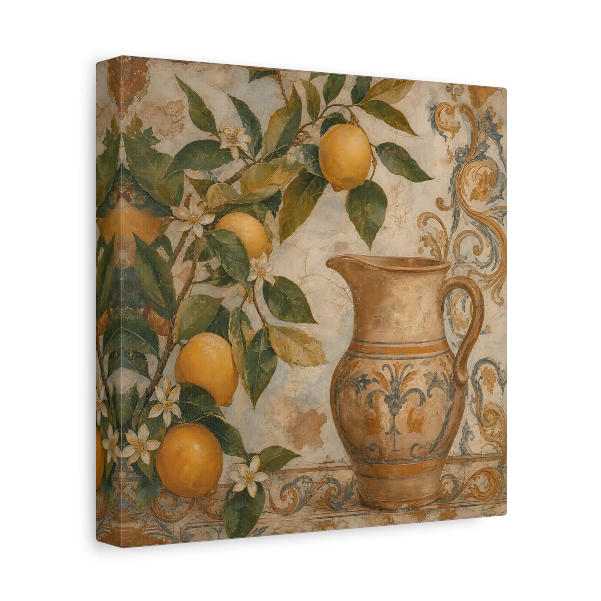 Side Mockup 9. Nature Lemon Tree Vintage Lemon Pitcher shown as stretched canvas wall art