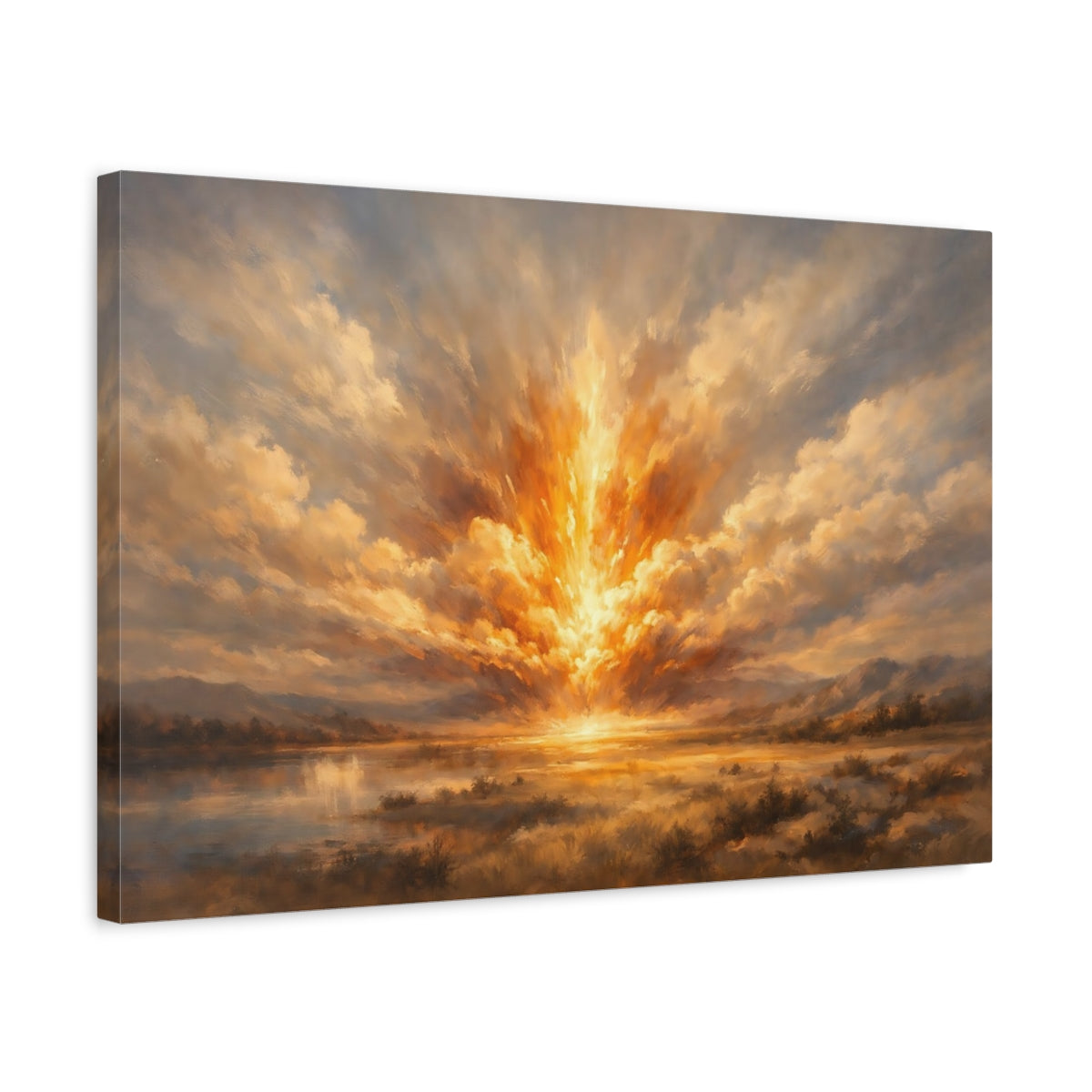 Side Mockup 3. Nature Light Burst Golden Sky Landscape shown as stretched canvas wall art