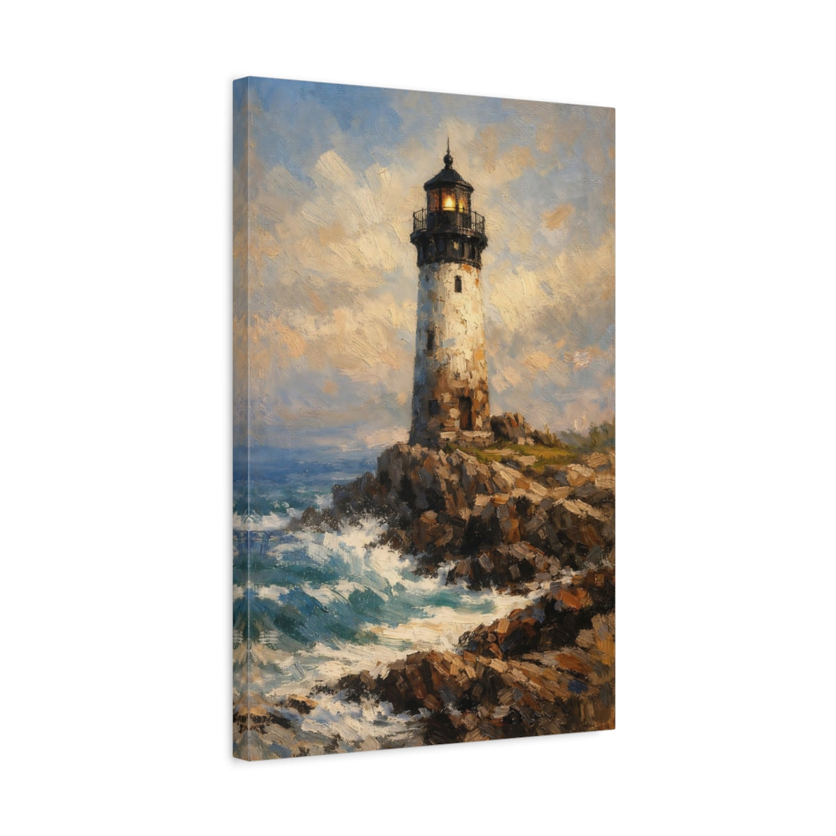 Side Mockup 3. Nature Lighthouse Blue And Brown shown as stretched canvas wall art