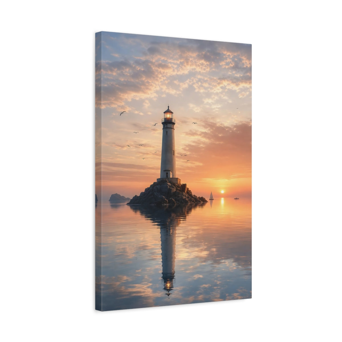 Side Mockup 3. Nature Lighthouse Orange Sunset shown as stretched canvas wall art