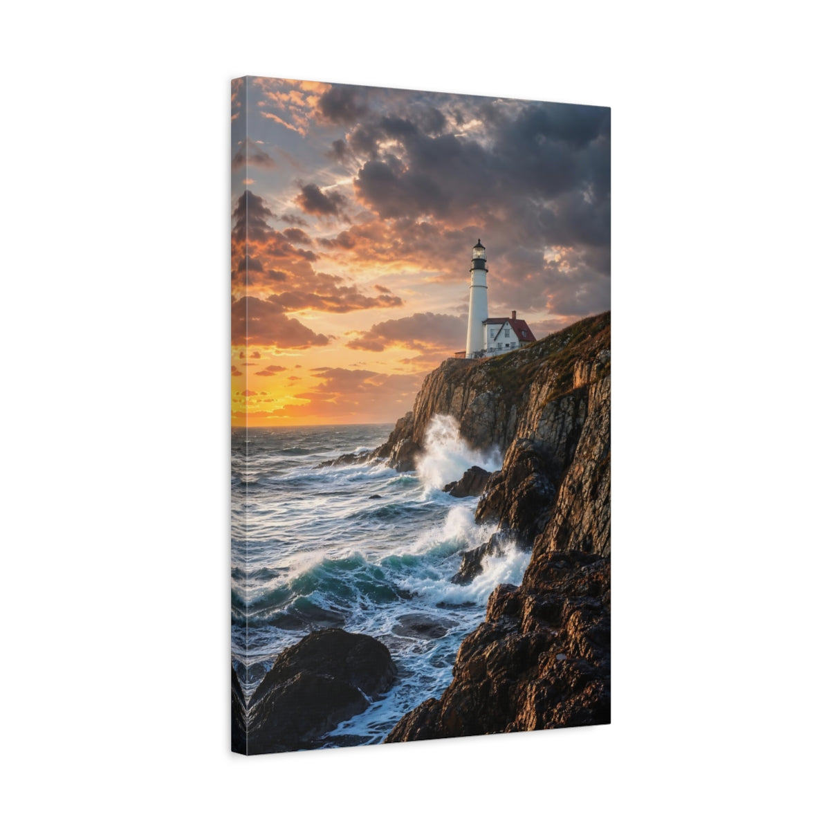 Side Mockup 3. Nature Lighthouse Lighthouse Sunset Ocean shown as stretched canvas wall art