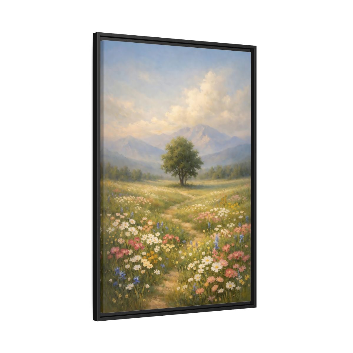 Side Mockup 13. Nature Lone Tree Spring Meadow shown as stretched canvas wall art
