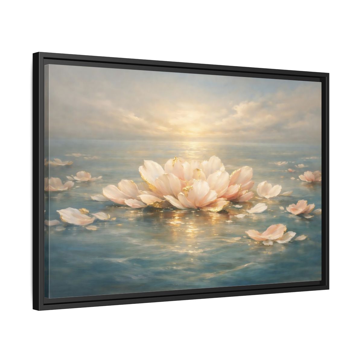 Side Mockup 14. Nature Lotus Flower Pink Gold Lotus shown as stretched canvas wall art