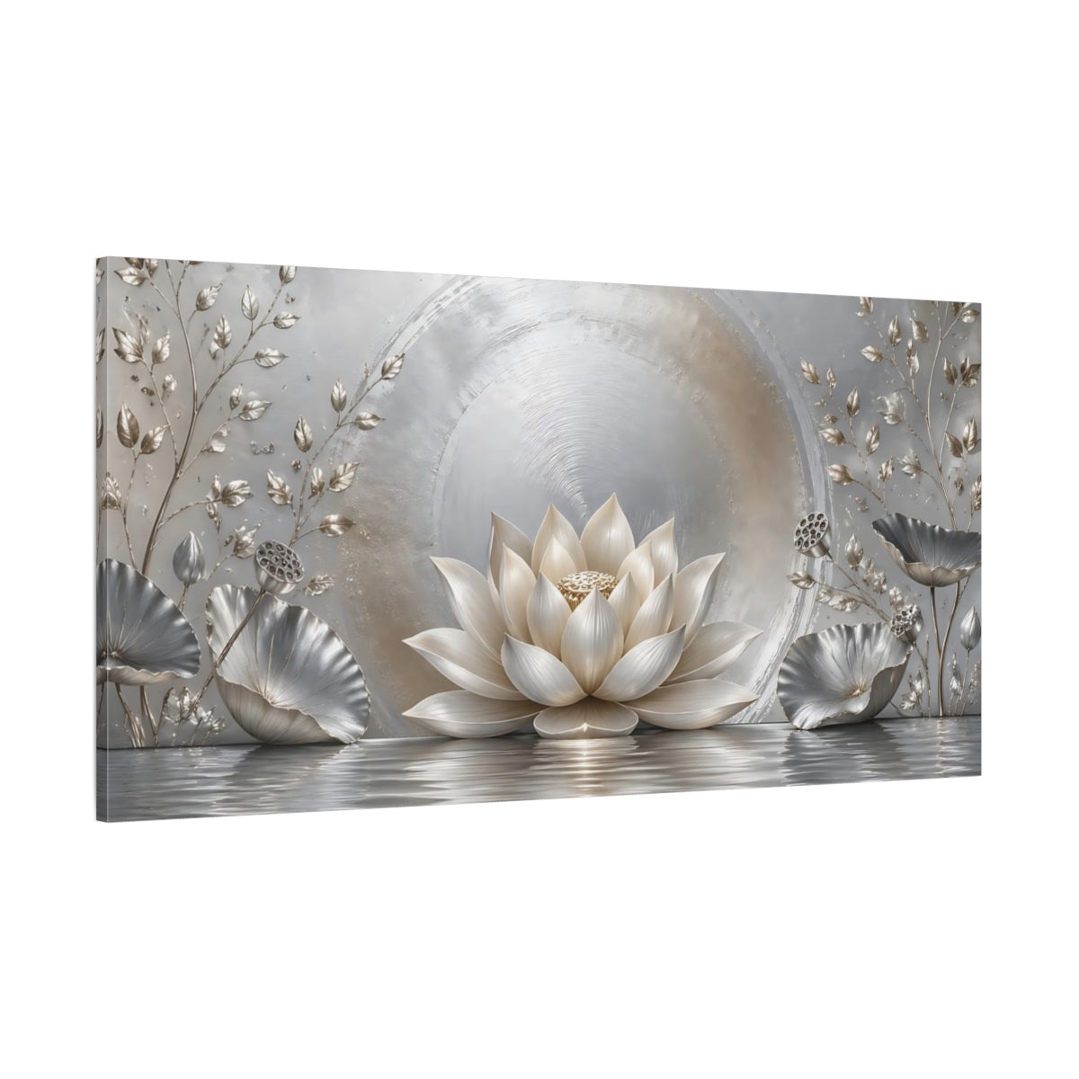 Side Mockup 2. Nature Lotus Flower Silver And Gold shown as stretched canvas wall art