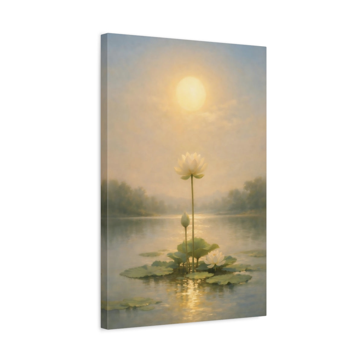 Side Mockup 3. Nature Lotus Flowers Golden Lotus Pond shown as stretched canvas wall art