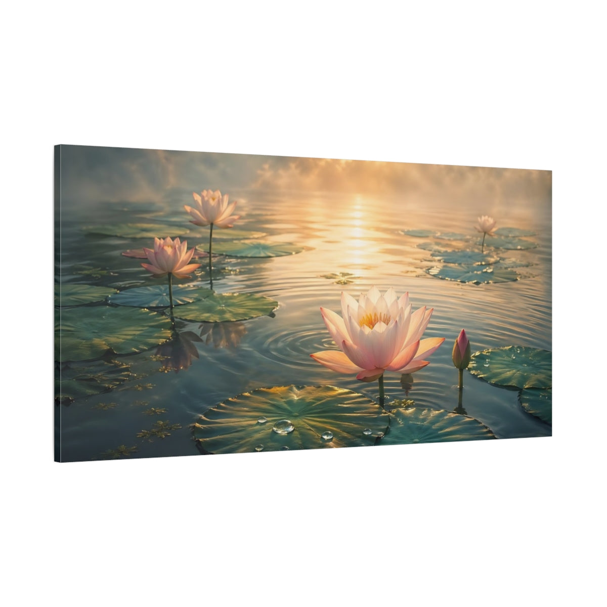 Side Mockup 2. Nature Lotus Flowers Pink Lotus Pond shown as stretched canvas wall art
