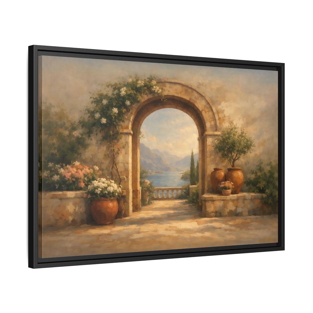 Side Mockup 14. Nature Mediterranean Archway Mediterranean Landscape shown as stretched canvas wall art