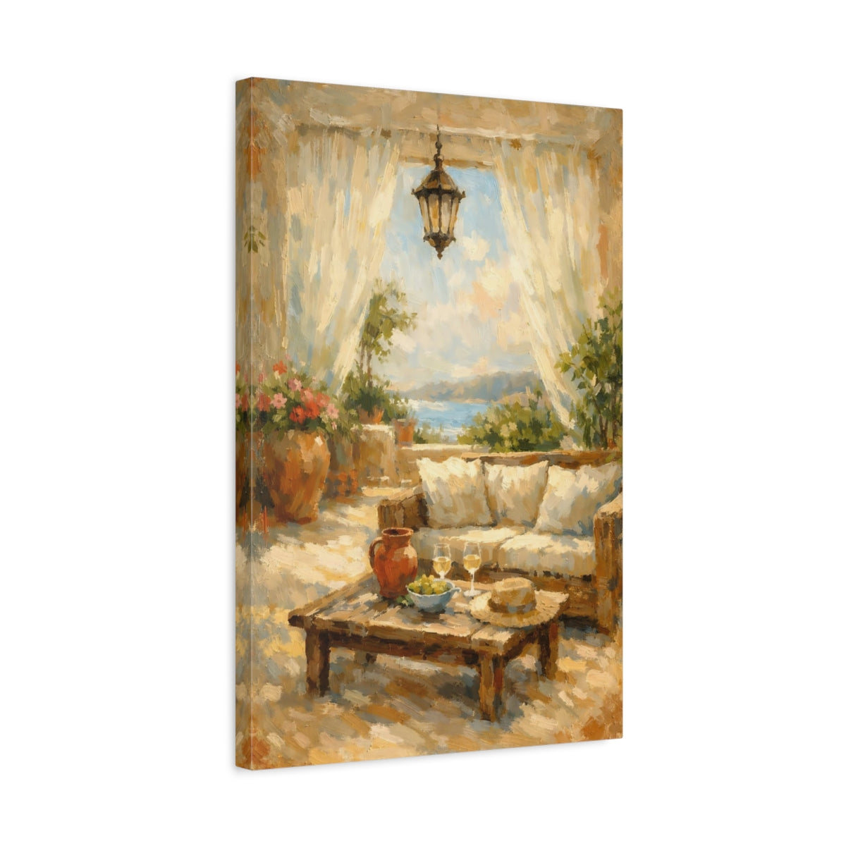 Side Mockup 3. Nature Mediterranean Terrace Mediterranean Terrace shown as stretched canvas wall art