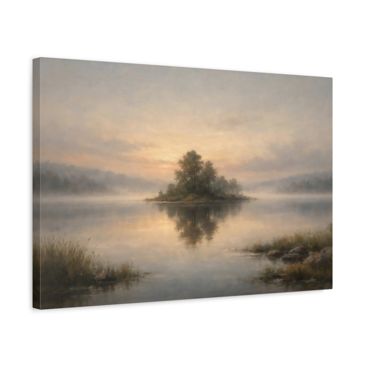 Side Mockup 3. Nature Misty Island Misty Lake Landscape shown as stretched canvas wall art