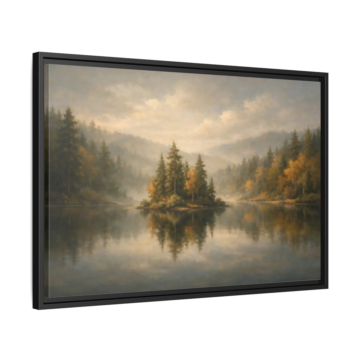 Side Mockup 14. Nature Misty Lake Misty Forest shown as stretched canvas wall art