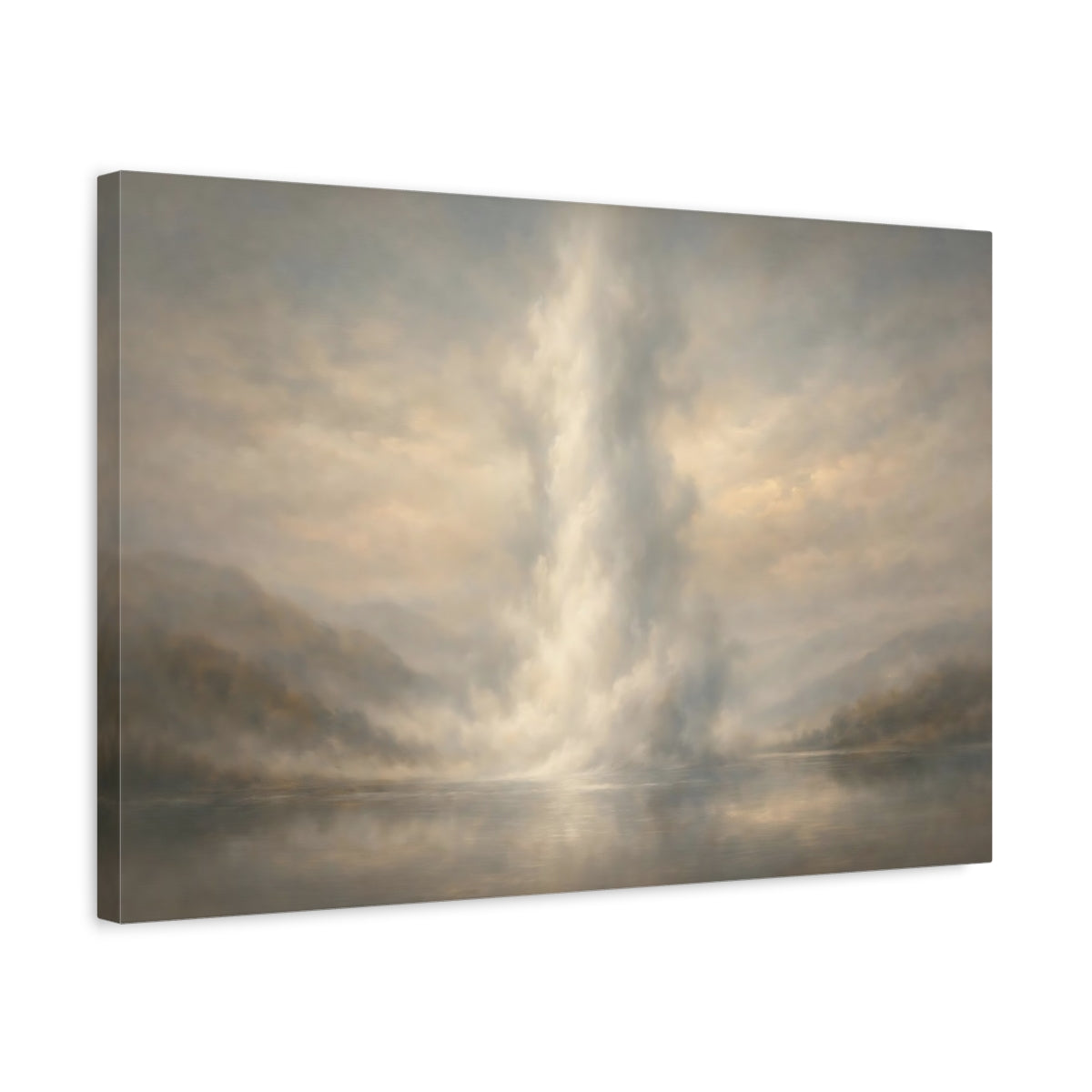Side Mockup 3. Nature Misty Lake Misty Landscape shown as stretched canvas wall art