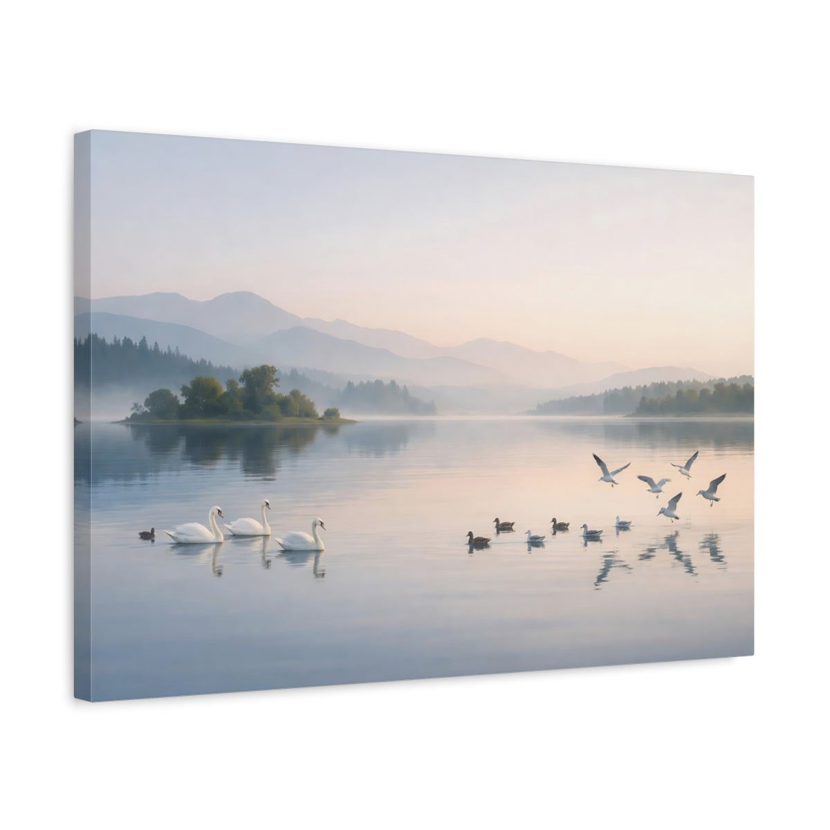 Side Mockup 3. Nature Misty Lake Pastel Lake Scene shown as stretched canvas wall art