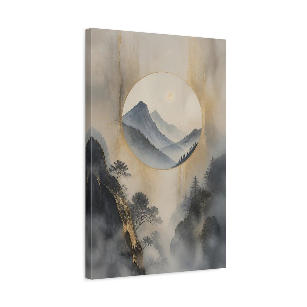 Nature Misty Mountains Gold Canvas Print – Asian Art Decor for Living Room, Above Console Table - YesArtYes