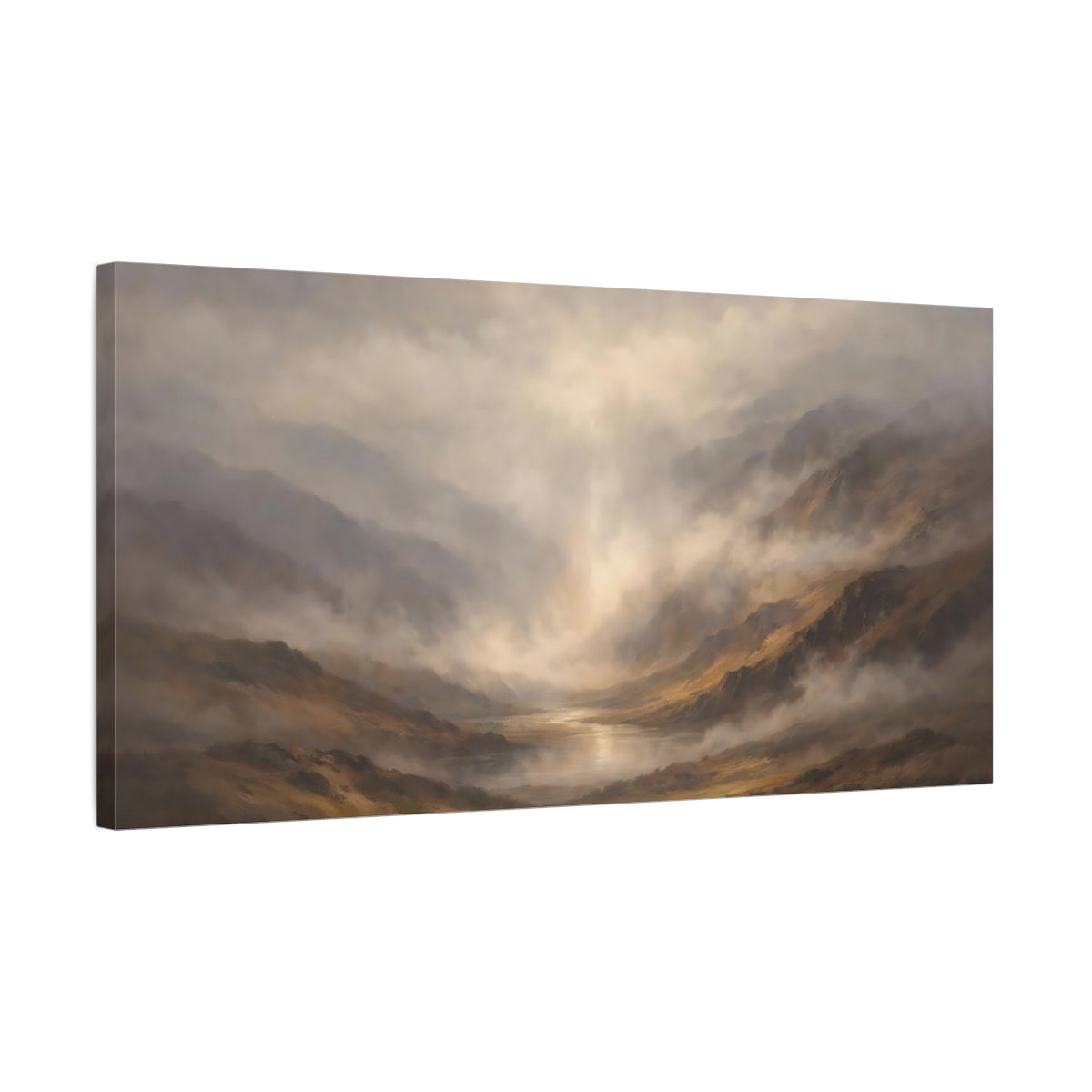 Side Mockup 2. Nature Misty Valley Misty Valley Landscape shown as stretched canvas wall art
