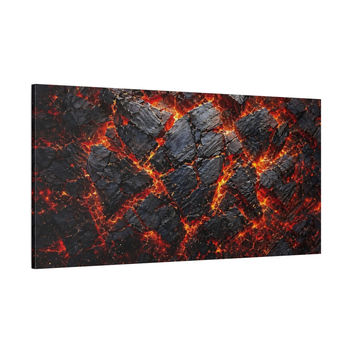 Side Mockup 2. Nature Molten Lava Black And Orange Lava shown as stretched canvas wall art