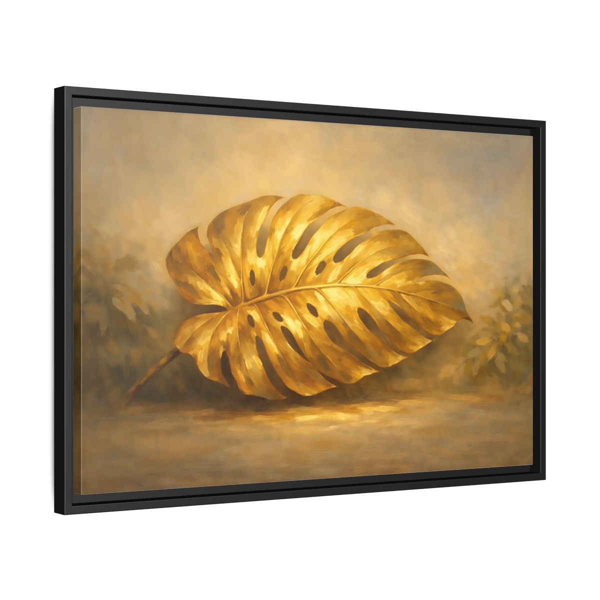 Side Mockup 14. Nature Monstera Leaf Golden Monstera shown as stretched canvas wall art