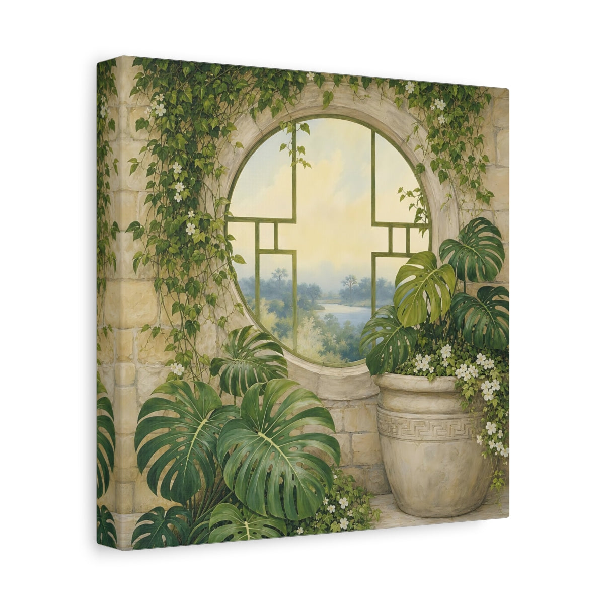 Side Mockup 9. Nature Monstera Plants Green And Stone shown as stretched canvas wall art