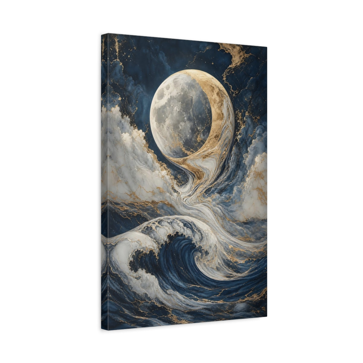 Side Mockup 3. Nature Moon And Waves Blue And Gold shown as stretched canvas wall art