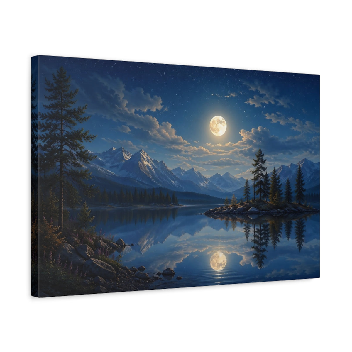 Side Mockup 3. Nature Moonlit Lake Blue Night Sky shown as stretched canvas wall art