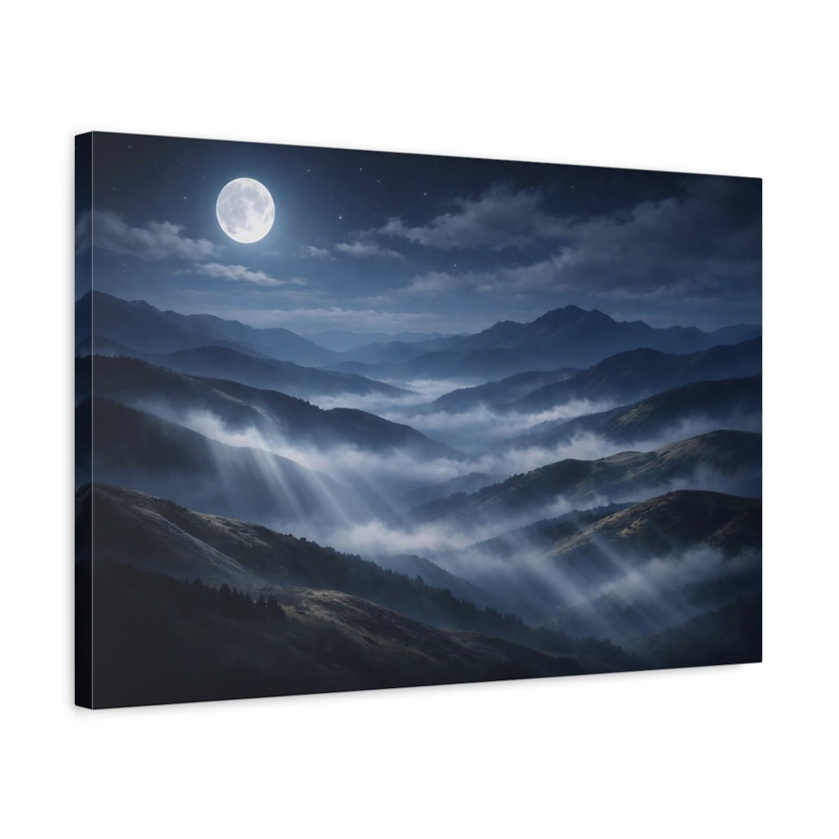 Nature Moonlit Mountains Blue Fog - Canvas Wall Art Print - YesArtYes