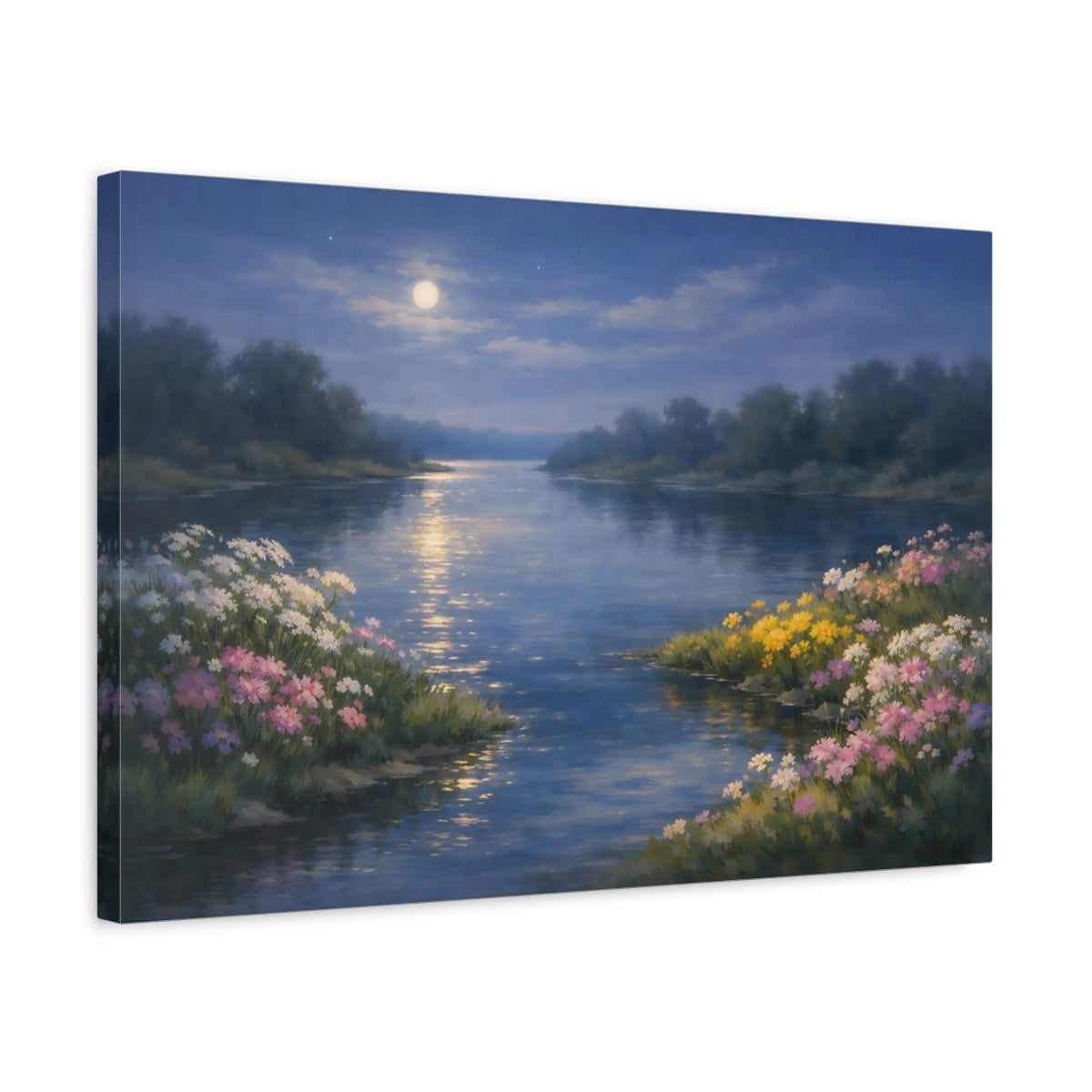 Side Mockup 3. Nature Moonlit River Moonlit River Scene shown as stretched canvas wall art