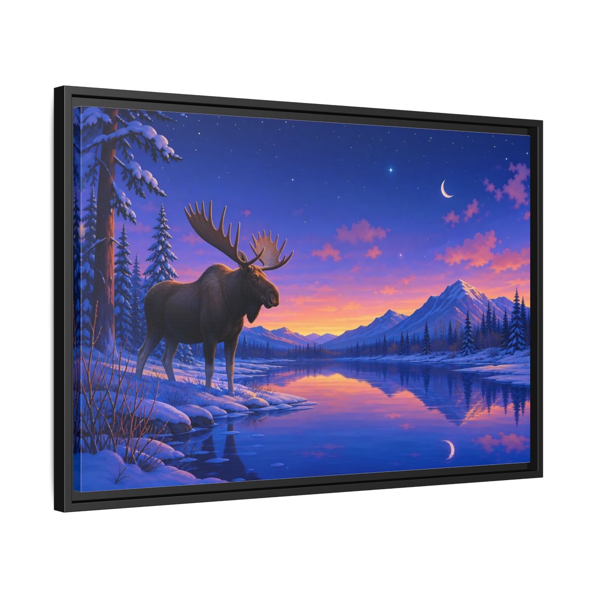 Side Mockup 14. Nature Moose Purple Winter Landscape shown as stretched canvas wall art